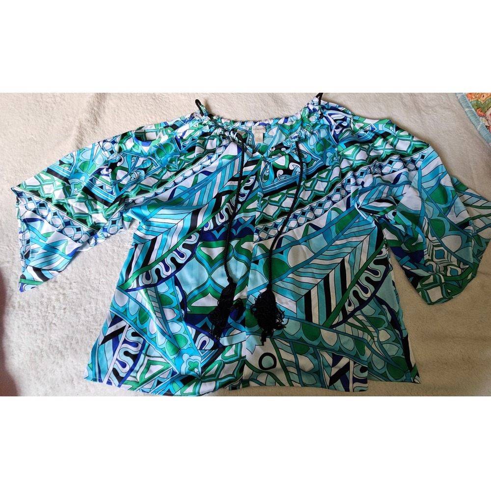 Chico's Cold Shoulder Top Graphic Novelty‎ Pattern Blouse Women's Size 2 (L)